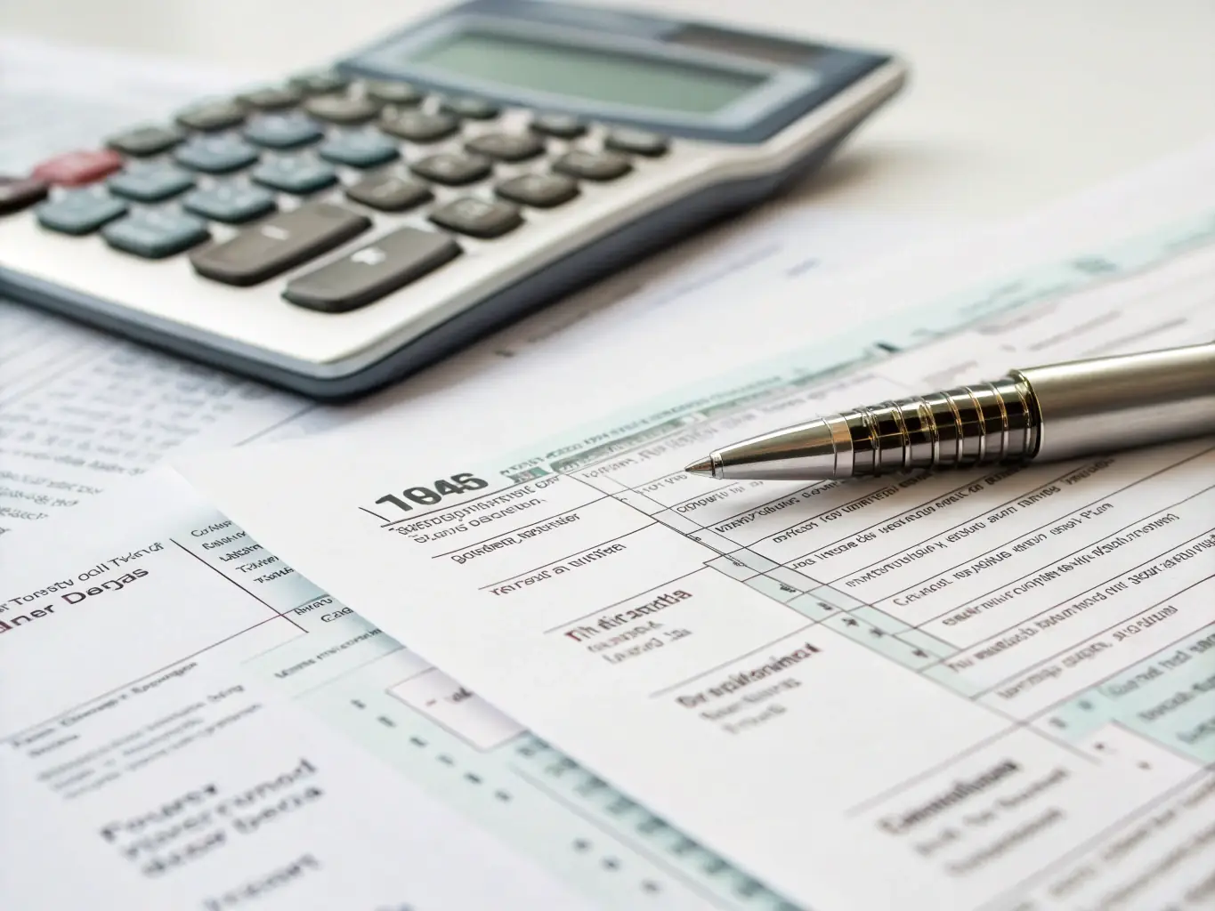 A stack of neatly organized tax documents with a calculator and pen, representing comprehensive tax solutions.
