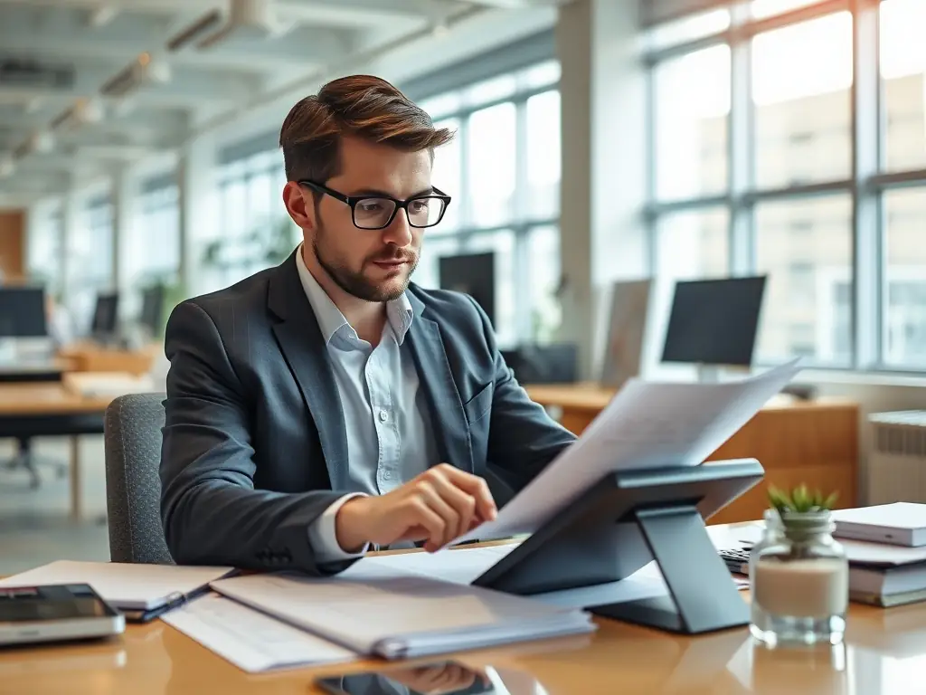 A professional accountant reviewing financial documents in a modern office setting, symbolizing meticulous bookkeeping services.